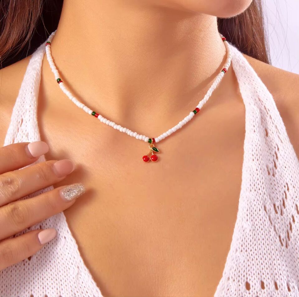 Beaded Cherry Charm Necklace 🍒