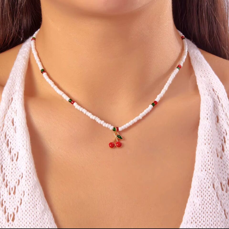 Beaded Cherry Charm Necklace 🍒