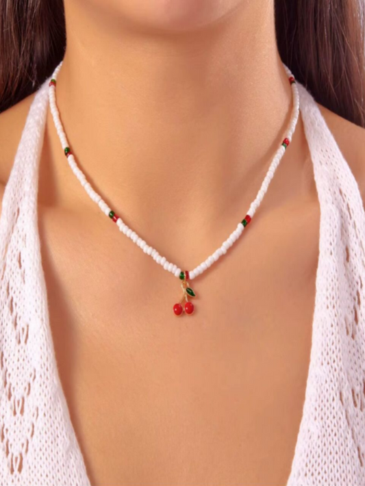 Beaded Cherry Charm Necklace 🍒