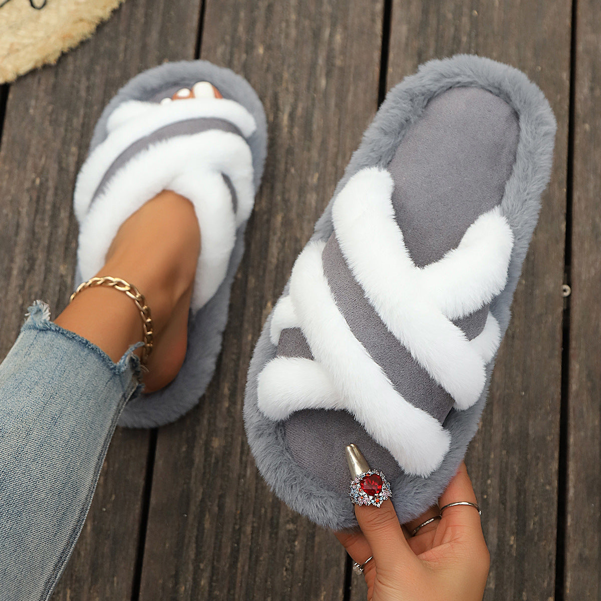Striped Fur Slides 🖤