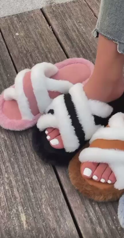 Striped Fur Slides 🖤